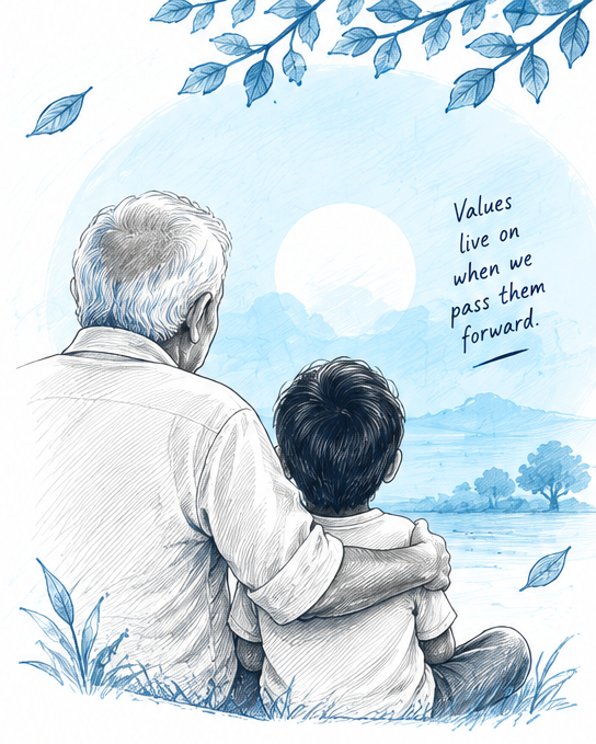 Grandfather and grandson sitting together watching the sunset - values live on when we pass them forward
